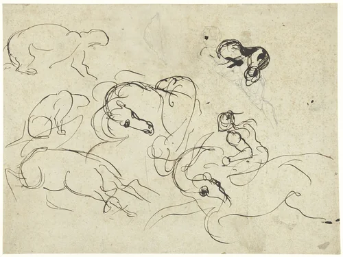 Schetsblad met ruiter, paarden en panter over een figuurstudie by Eugène Delacroix, drawing, 1808-1863
