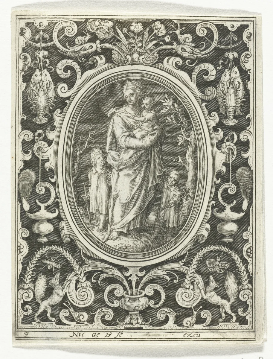Liefde met drie kinderen in ovale lijst binnen rechthoekige omlijsting met ornamenten by Unknown, print, 1581-1656