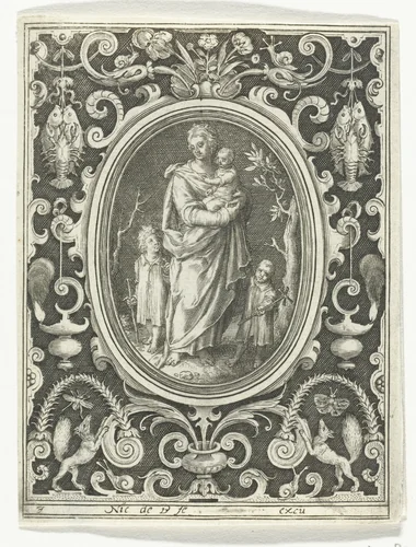 Liefde met drie kinderen in ovale lijst binnen rechthoekige omlijsting met ornamenten by Unknown, print, 1581-1656