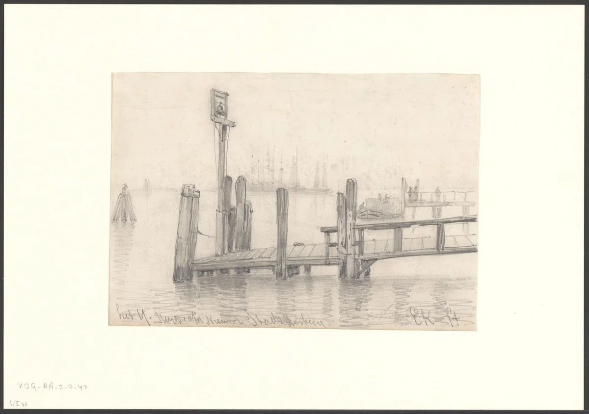 Gezicht op de steiger bij de Nieuwe Stadsherberg by Everhardus Koster, drawing, 1827-1892