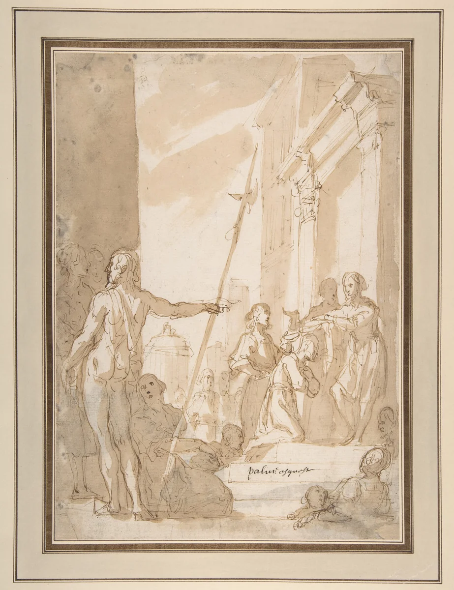 Unidentified subject: Standing Figure Placing a Scapular (?) on a Kneeling Figure by Astolfo Petrazzi, drawing, 1579-1665