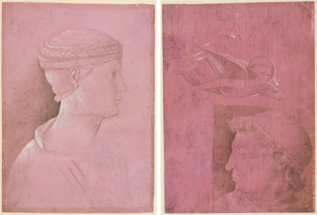 Bust of a Woman (recto); Head of a Man, Two Studies of a Woman's Profile, and a Study of An Angel (verso) by Benozzo Gozzoli, drawing, 1453-1463