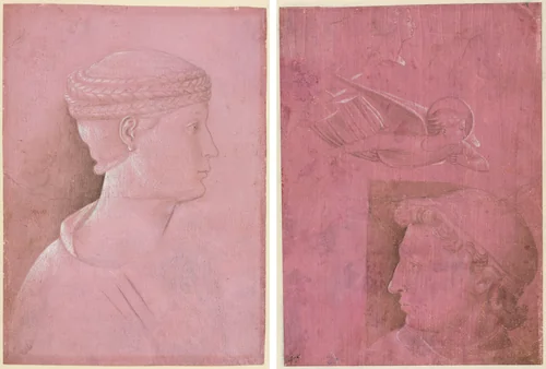 Bust of a Woman (recto); Head of a Man, Two Studies of a Woman's Profile, and a Study of An Angel (verso) by Benozzo Gozzoli, drawing, 1453-1463