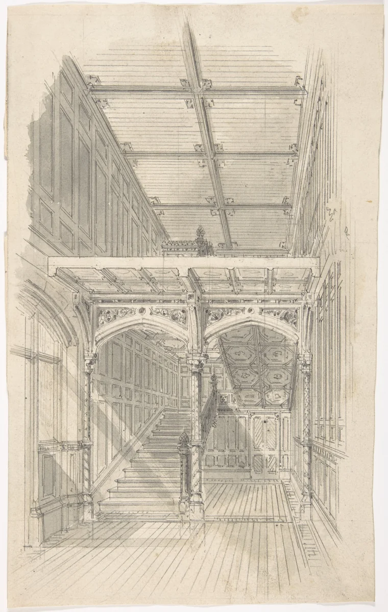 Design for a Tudor Paneled Hall and Staircase by anonymous, drawing, 1850-1900