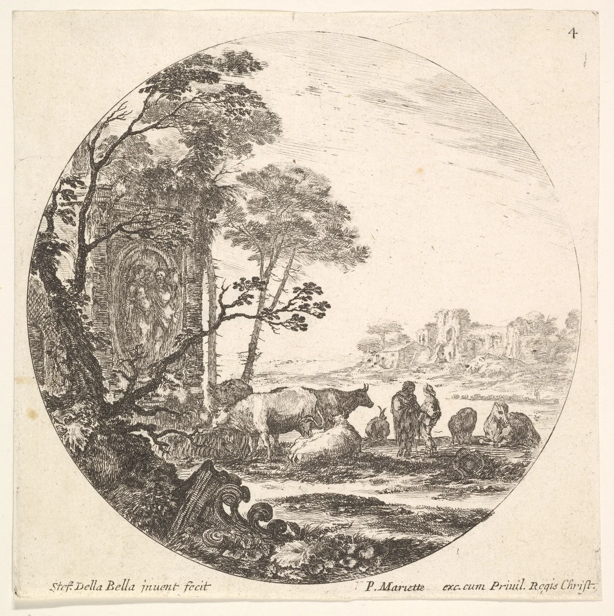 Plate 4: a Corinthian capital on the ground, a monument with figures in low relief, various animals and two shepherds, from "Roman landscapes and ruins" (Paysages et ruines de Rome) by Stefano della Bella, print, 1638-1648
