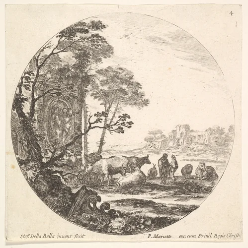 Plate 4: a Corinthian capital on the ground, a monument with figures in low relief, various animals and two shepherds, from "Roman landscapes and ruins" (Paysages et ruines de Rome) by Stefano della Bella, print, 1638-1648