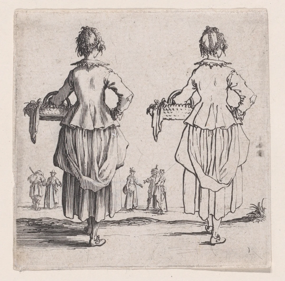 La Paysanne Viewed de Dos, Tenant un Panier a son Bras Gauche (The Peasant Woman Viewed from Behind, Holding a Basket in his Left Arm), plate 1 from "Varie Figure" (Various Figures) by Jacques Callot, print, 1615-1625