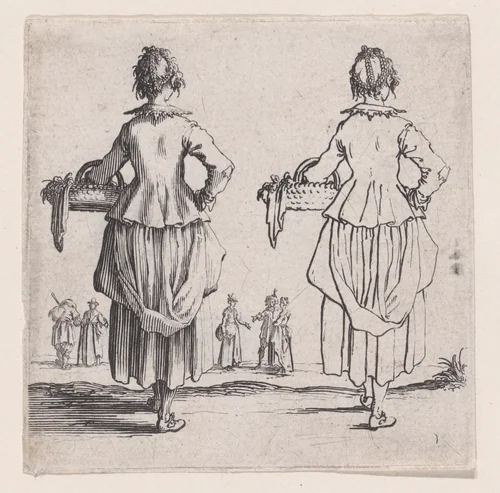 La Paysanne Viewed de Dos, Tenant un Panier a son Bras Gauche (The Peasant Woman Viewed from Behind, Holding a Basket in his Left Arm), plate 1 from "Varie Figure" (Various Figures) by Jacques Callot, print, 1615-1625