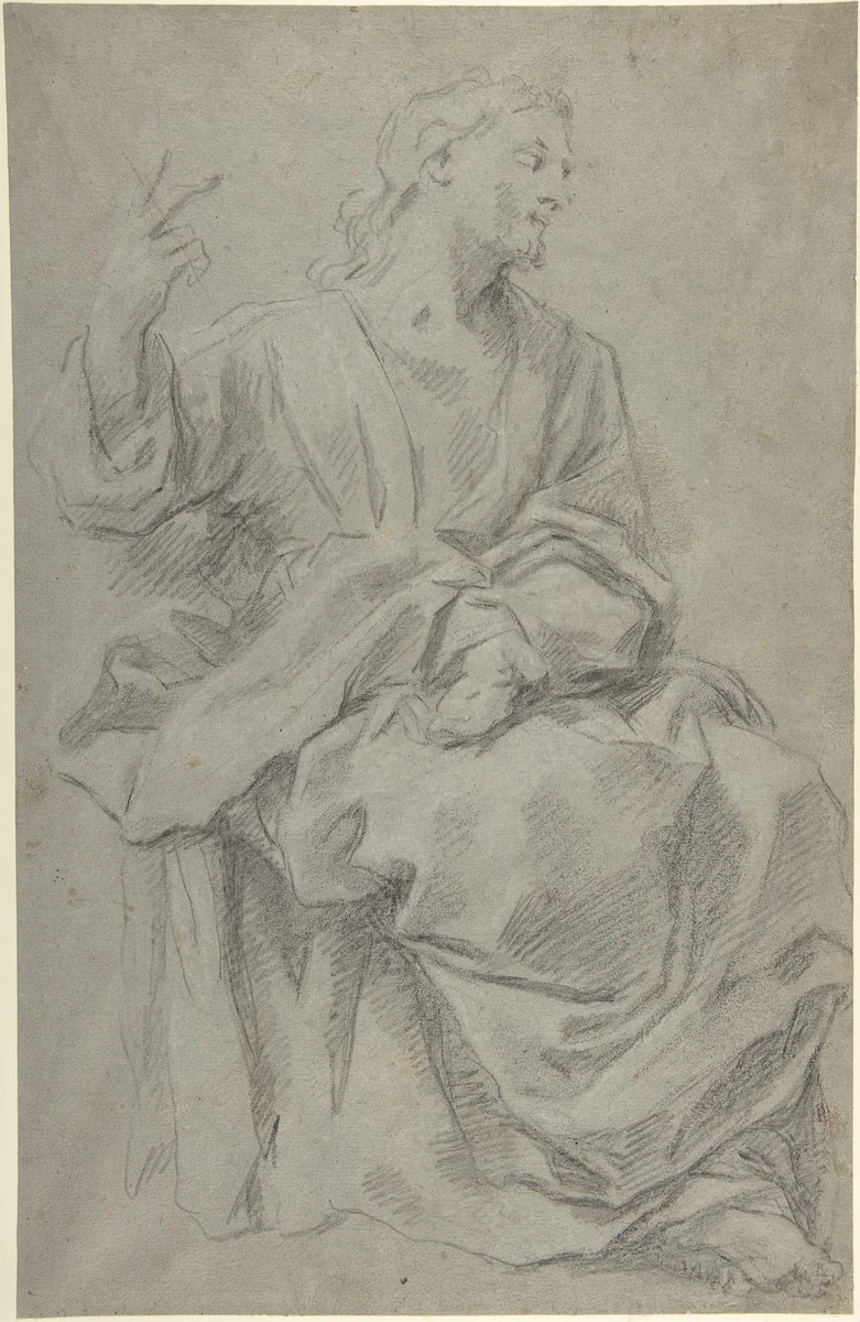 Seated Draped Male Figure (recto); Rough Studies of Putti (verso) by Giovanni Lanfranco, drawing, 1582-1647