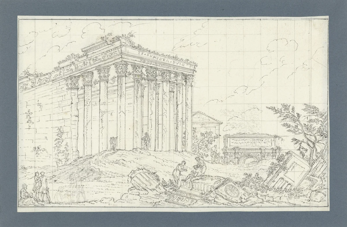 Romeinse tempels en ruïnes met bezoekers by anonymous, drawing, 1700-1800