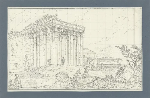 Romeinse tempels en ruïnes met bezoekers by anonymous, drawing, 1700-1800