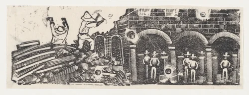 A pair of workers atop a pile of rubble and other workers watching them by José Guadalupe Posada, print, 1875-1885
