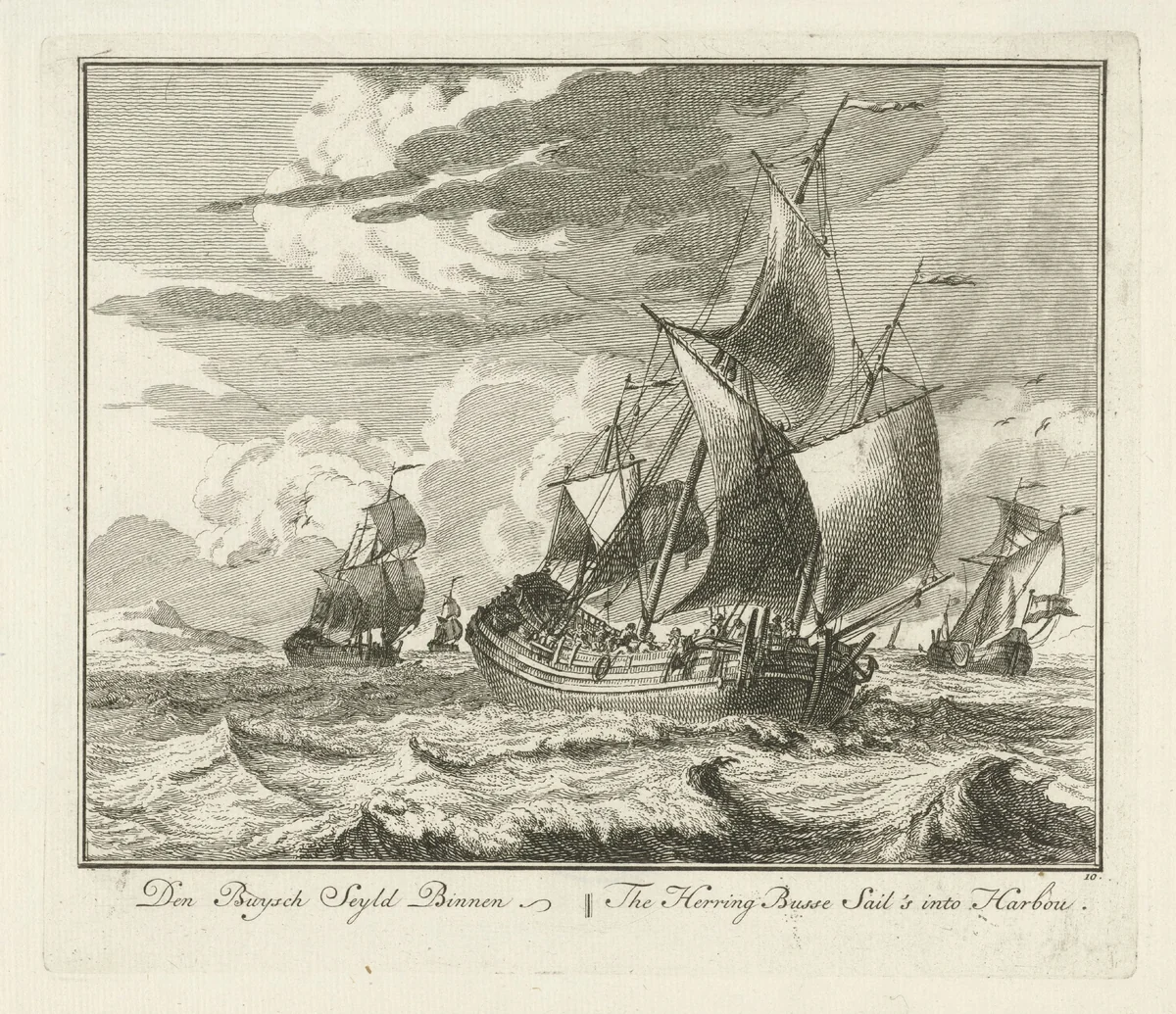 Haringbuis zeilt huiswaarts by Adolf van der Laan, print, 1728-1761