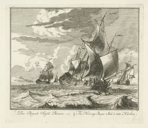 Haringbuis zeilt huiswaarts by Adolf van der Laan, print, 1728-1761