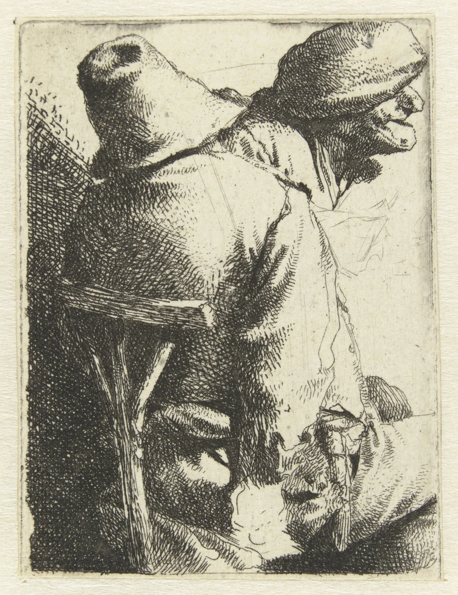 Man zittend op rug gezien, vrouwen- of mannenhoofd met muts by Cornelis Pietersz. Bega, print, 1642-1664