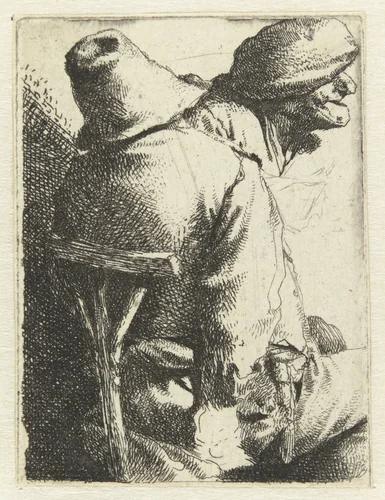 Man zittend op rug gezien, vrouwen- of mannenhoofd met muts by Cornelis Pietersz. Bega, print, 1642-1664