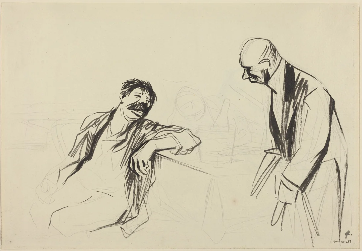a) Waiter and Customer (recto); b) Sketch of a Man and Woman (verso) by Jean-Louis Forain, drawing, 1852-1931