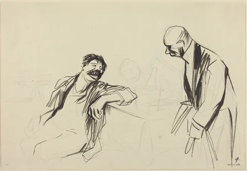 a) Waiter and Customer (recto); b) Sketch of a Man and Woman (verso) by Jean-Louis Forain, drawing, 1852-1931