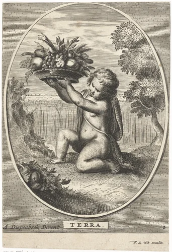 Element aarde als kind met schaal met fruit en groenten voor korenveld in ovaal by anonymous, print, 1648-1706
