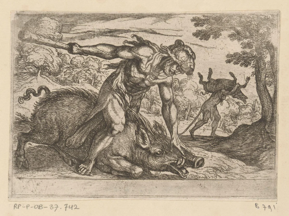 Hercules en het zwijn van Erymanthus by Antonio Tempesta, print, 1608