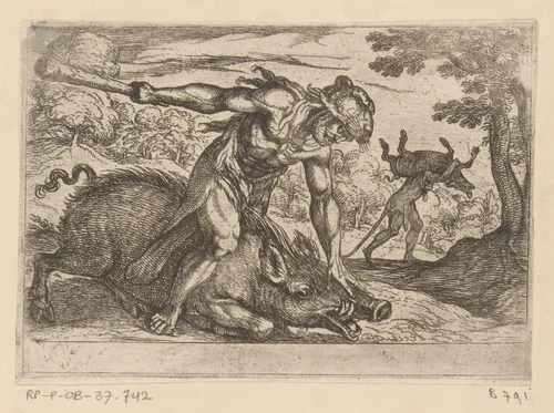 Hercules en het zwijn van Erymanthus by Antonio Tempesta, print, 1608