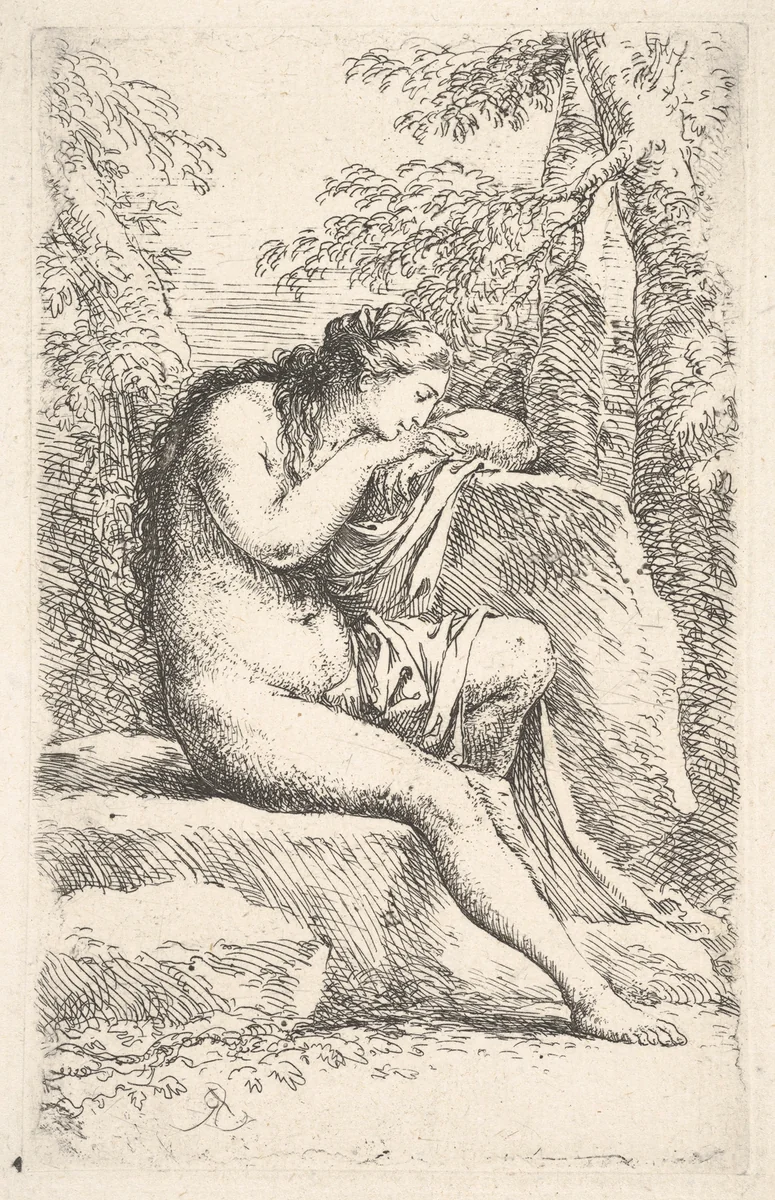 A semi-nude woman seated, resting her head on a rock, from "Figurine" by Salvator Rosa, print, 1651-1661
