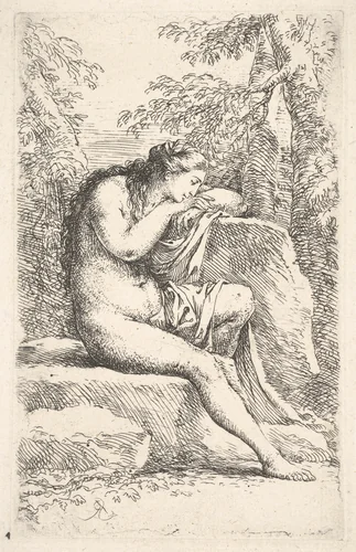A semi-nude woman seated, resting her head on a rock, from "Figurine" by Salvator Rosa, print, 1651-1661