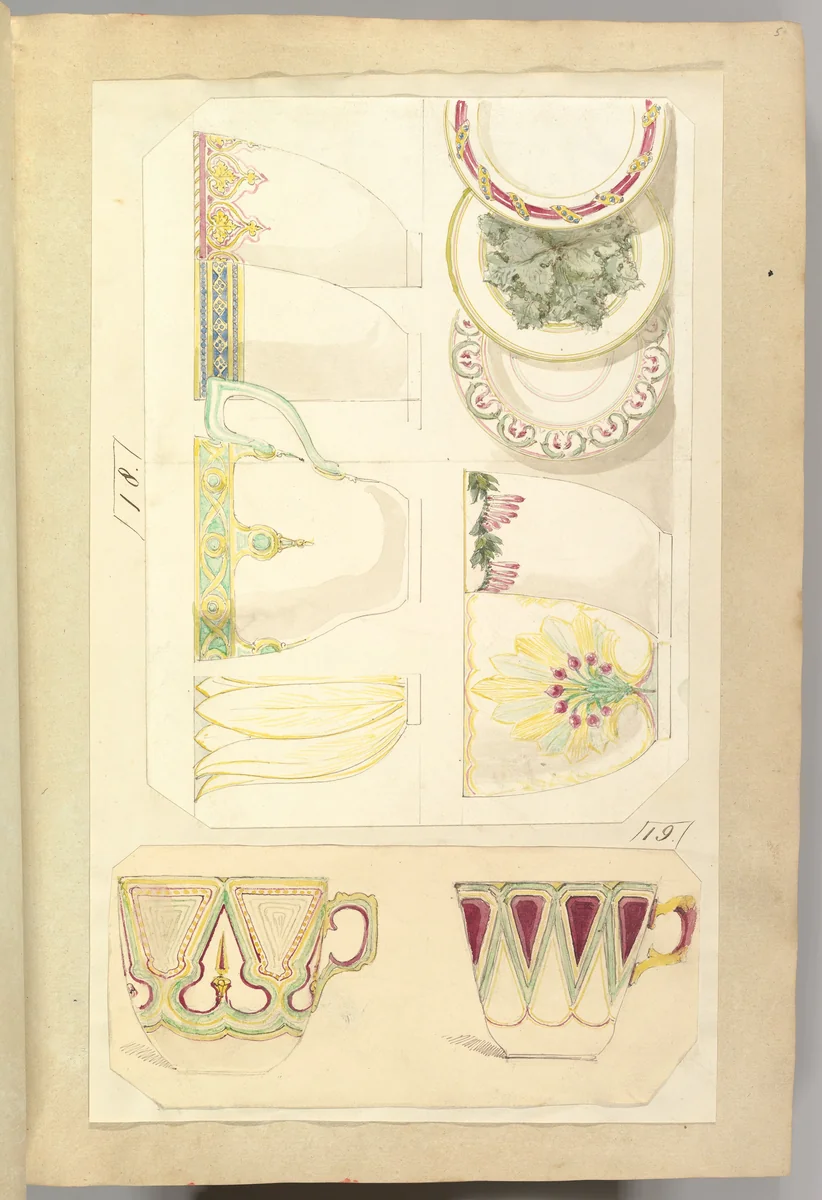 Five Designs for Decorated Cups and Three Designs for Saucers by Alfred Forrester, drawing, 1845-1855
