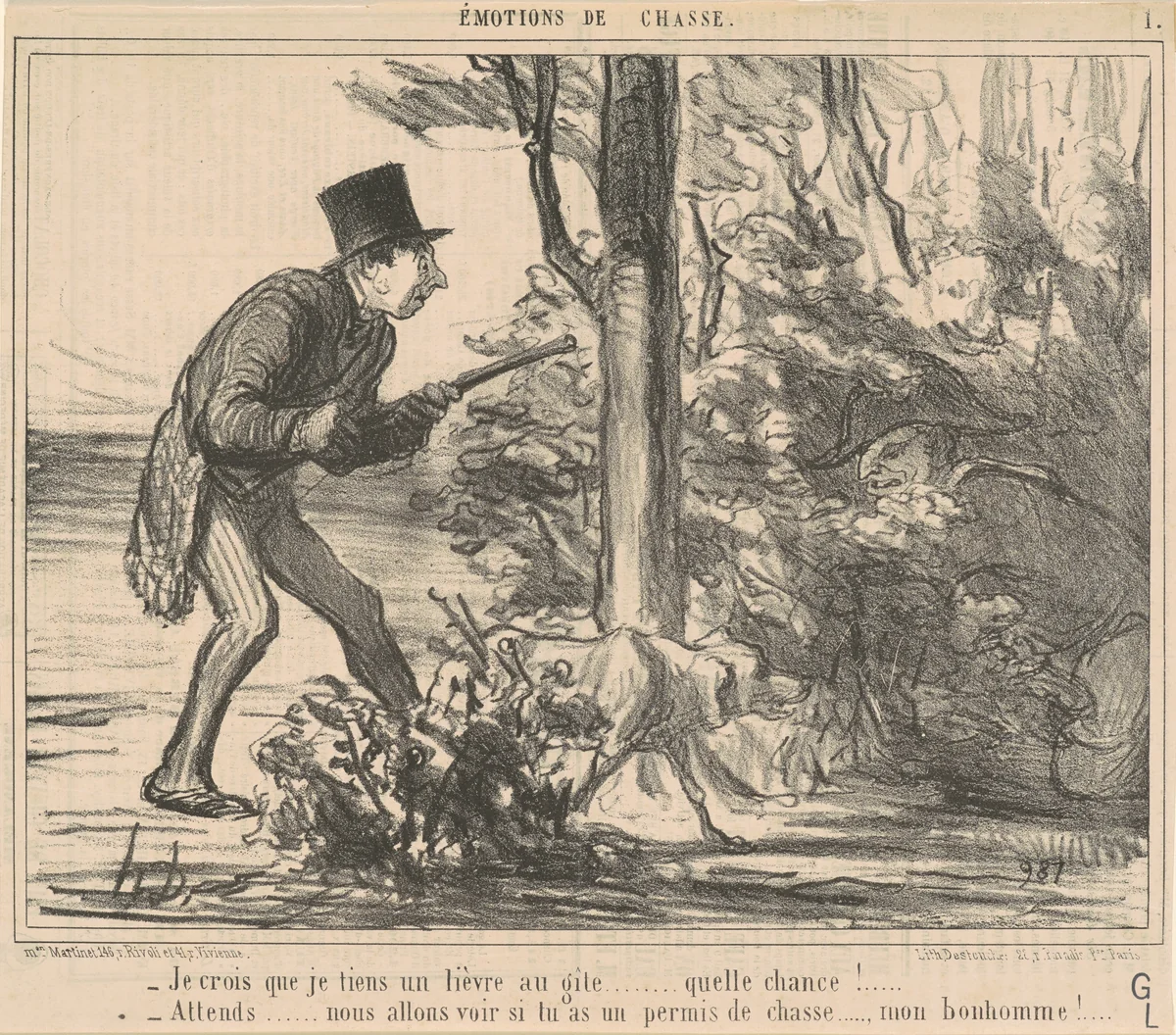 Je crois que je tiens un lièvre ... by Honoré Daumier, print, 1856