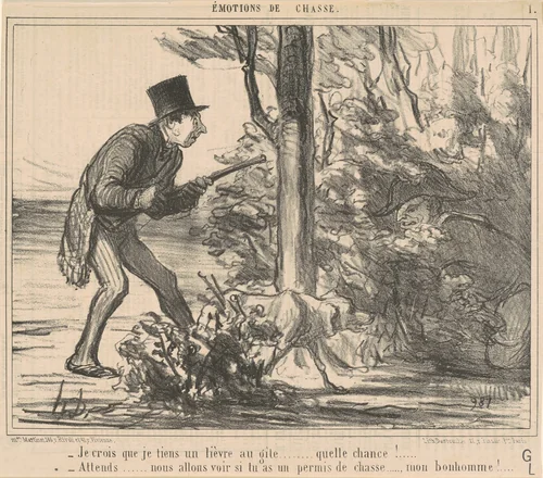 Je crois que je tiens un lièvre ... by Honoré Daumier, print, 1856