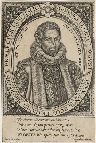 John Florio by William Hole, print, 1611