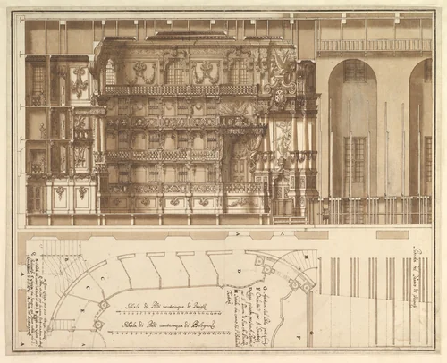 Designs for the Theater at Nancy: Longitudinal Section and Half Ground Plan by Francesco Galli Bibiena, drawing, 1709