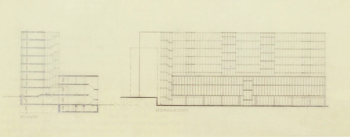 Bank and Office Building, project, Stuttgart, Germany, Transverse section and elevation facing interior court by Ludwig Mies van der Rohe, architecture, 1928