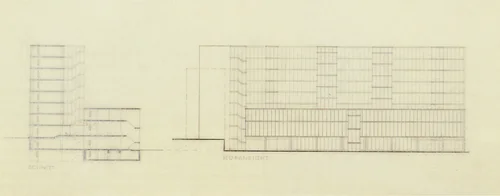 Bank and Office Building, project, Stuttgart, Germany, Transverse section and elevation facing interior court by Ludwig Mies van der Rohe, architecture, 1928