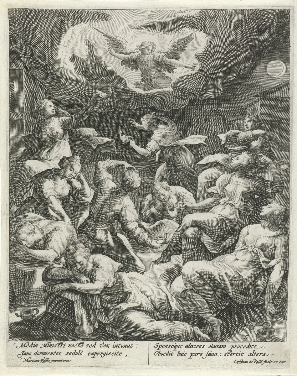 De vijf wijze en de vijf dwaze maagden worden gewekt door een engel by Unknown, print, 1589-1611