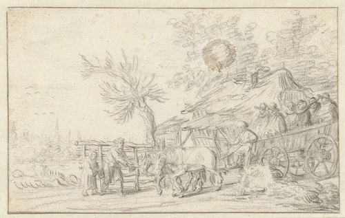 Wagen bij een hutje by Pieter de Molijn, drawing, 1650-1660