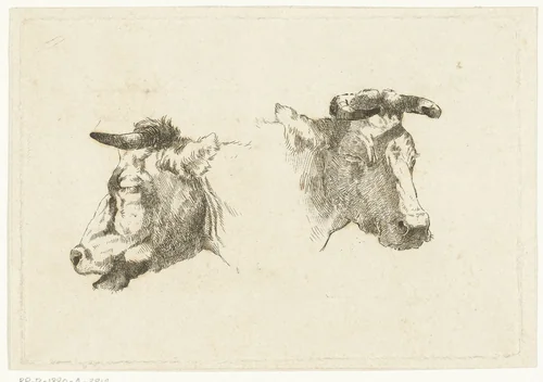 Twee hoofden van koeien by Gerard Bilders, print, 1848-1865