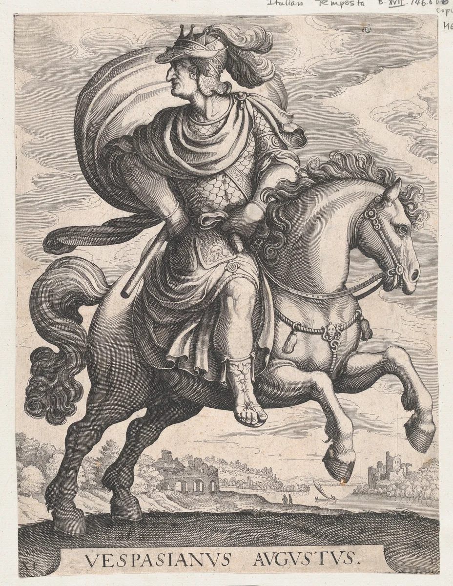 Emperor Vespasian on Horseback, from the series The First Twelve Roman Caesars, plate 11 by Matthäus Merian, print, 1610-1650