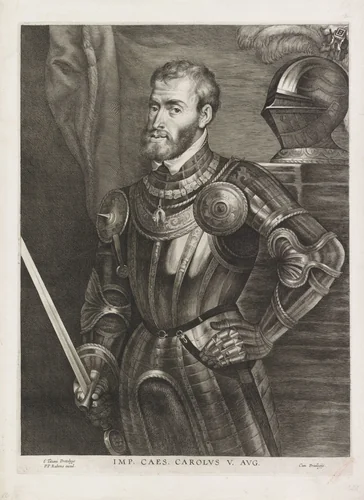 Portret van Karel V van Habsburg by Lucas Vorsterman, print, 1619-1675