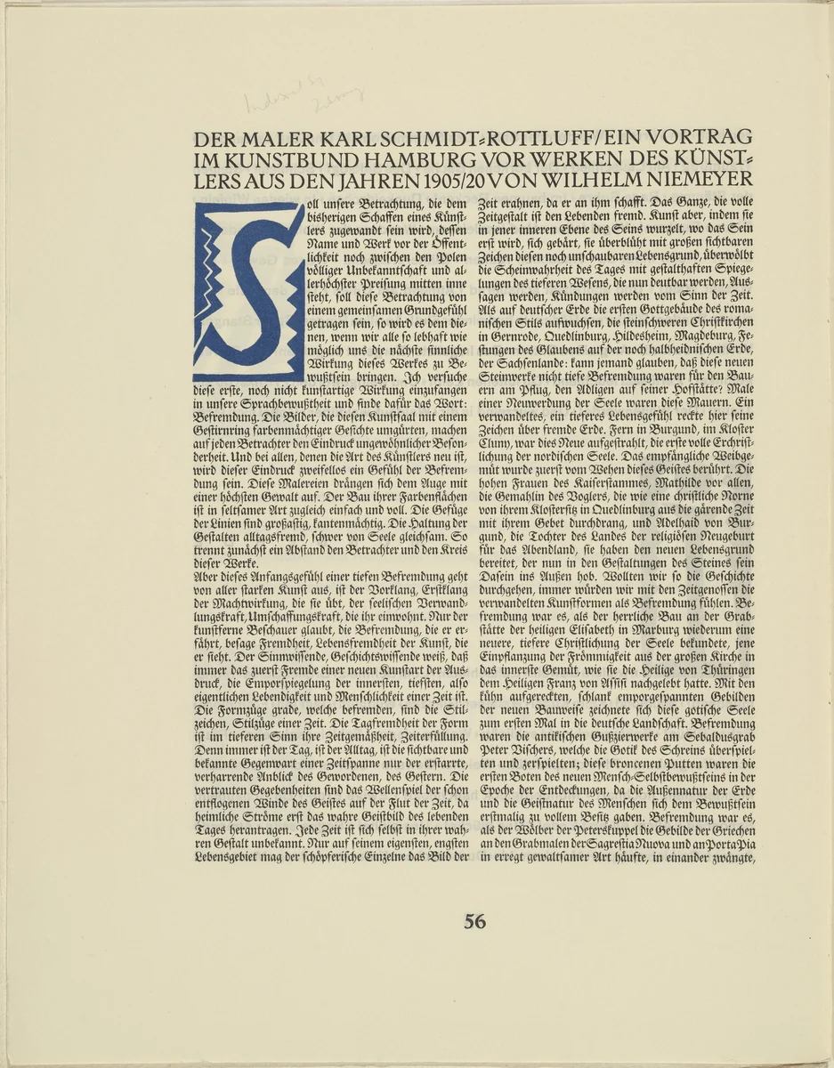 Ornamental initial 'S' from the periodical Kündung, vol. 1, no. 4, 5, 6 (April, May, June 1921) by Karl Schmidt-Rottluff, periodical, 1921