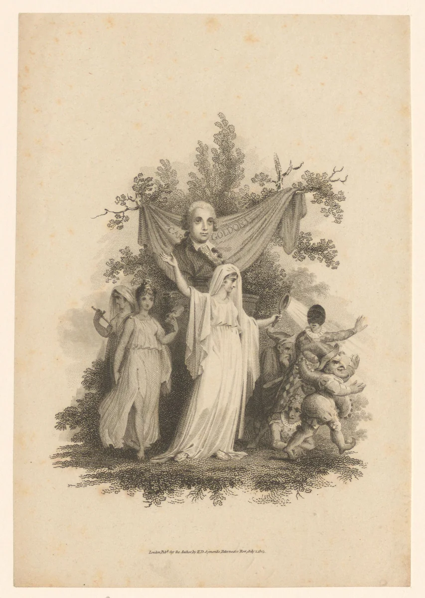 Buste van Carlo Goldoni met dansende figuren by William Bernard Cooke, print, 1805
