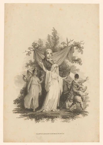 Buste van Carlo Goldoni met dansende figuren by William Bernard Cooke, print, 1805