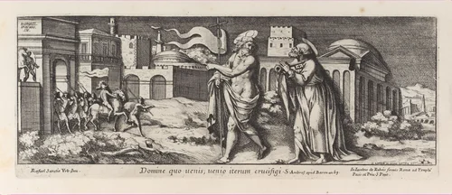 Christ appearing to Saint Peter after the Resurrection (Domine Quo Vadis), after Raphael's Stanza dell'incendio del Borgo, from a series of 15 plates, depicting Raphael's works for the Vatican stanze and the Sistine Chapel tapestries by Pietro Santi Bartoli, print, 1650-1670