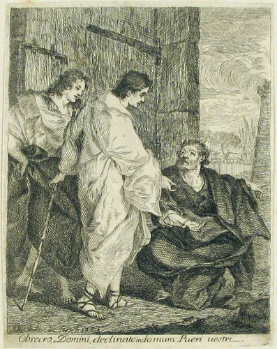 Lot Invites Two Angels to Enter His House by Paul Ponce Antoine Robert-de-Seri, print, 1723