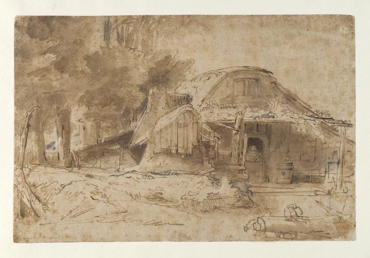 Cottage near the Entrance to a Wood by Rembrandt van Rijn, drawing, 1644