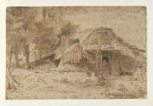 Cottage near the Entrance to a Wood by Rembrandt van Rijn, drawing, 1644