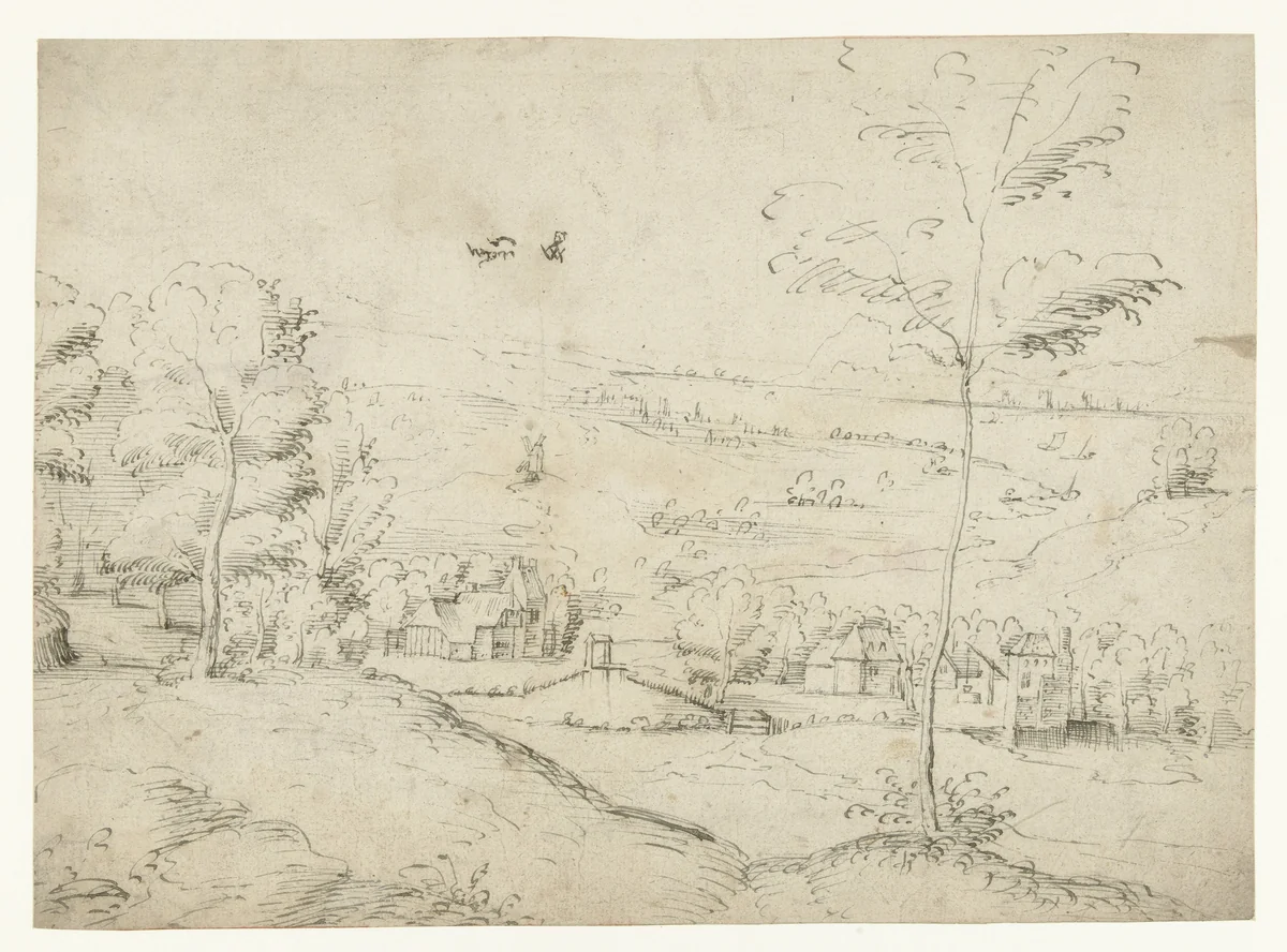 Landschap met boerderijen bij een rivier by Unknown, drawing, 1530-1550