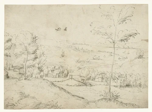 Landschap met boerderijen bij een rivier by Unknown, drawing, 1530-1550