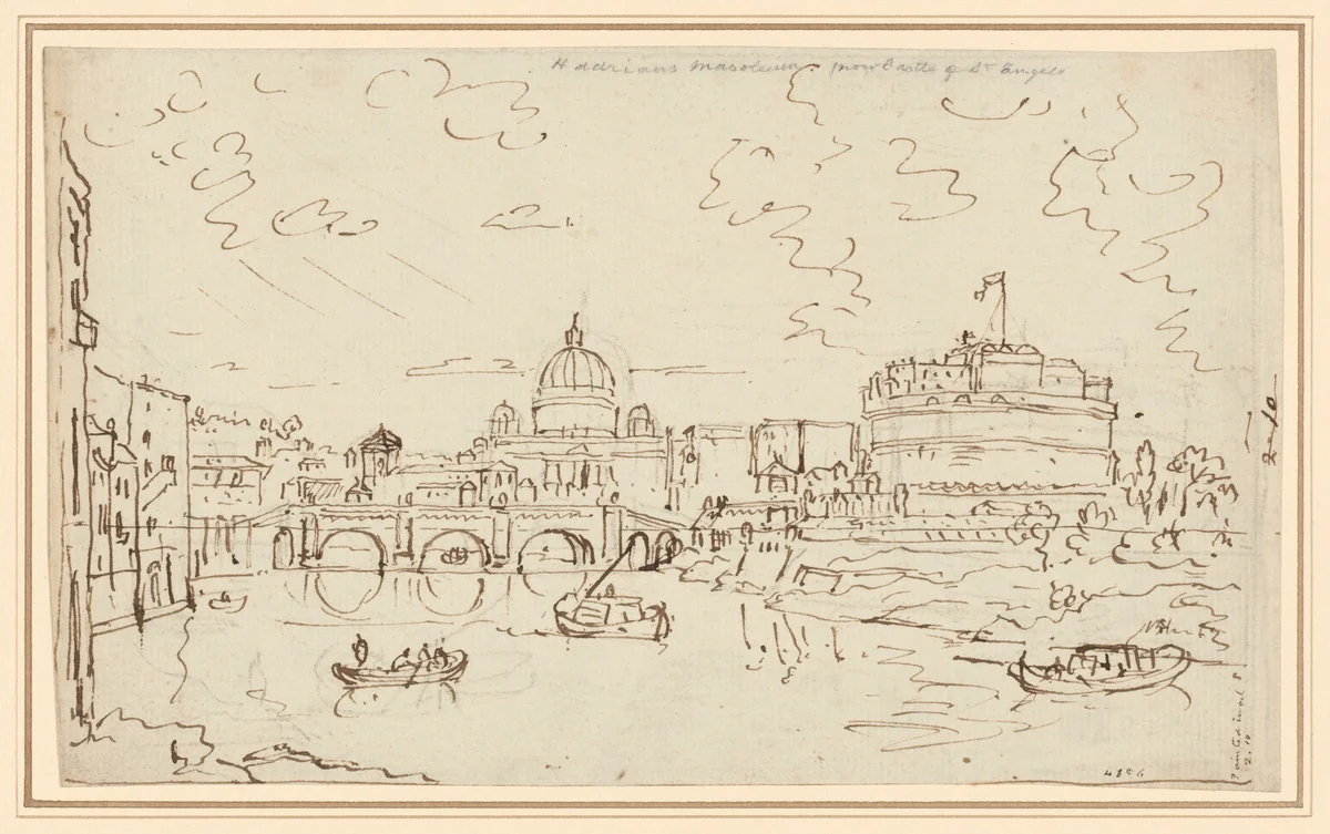 The Tiber with Saint Peter's and the Castel S. Angelo (recto) by William Marlow, drawing, 1765-1768