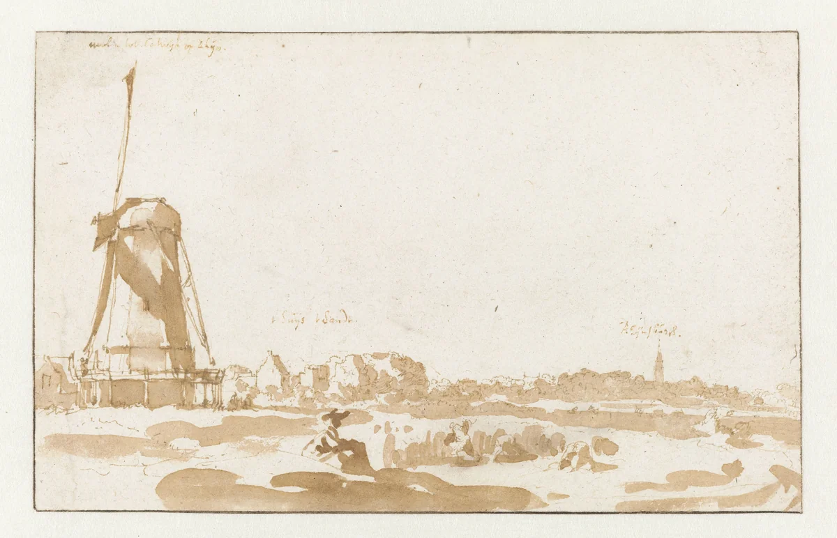 Gezicht op een molen vanaf de Rijnoever by Jan de Bisschop, drawing, 1648-1671